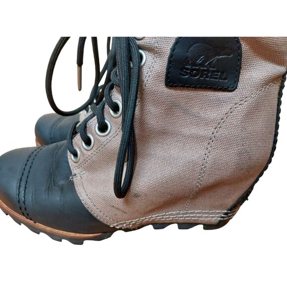 Sorel Women's Lace Up Wedge Ankle Boots Brown Black Canvas Leather Size 6.5 - Picture 4 of 10